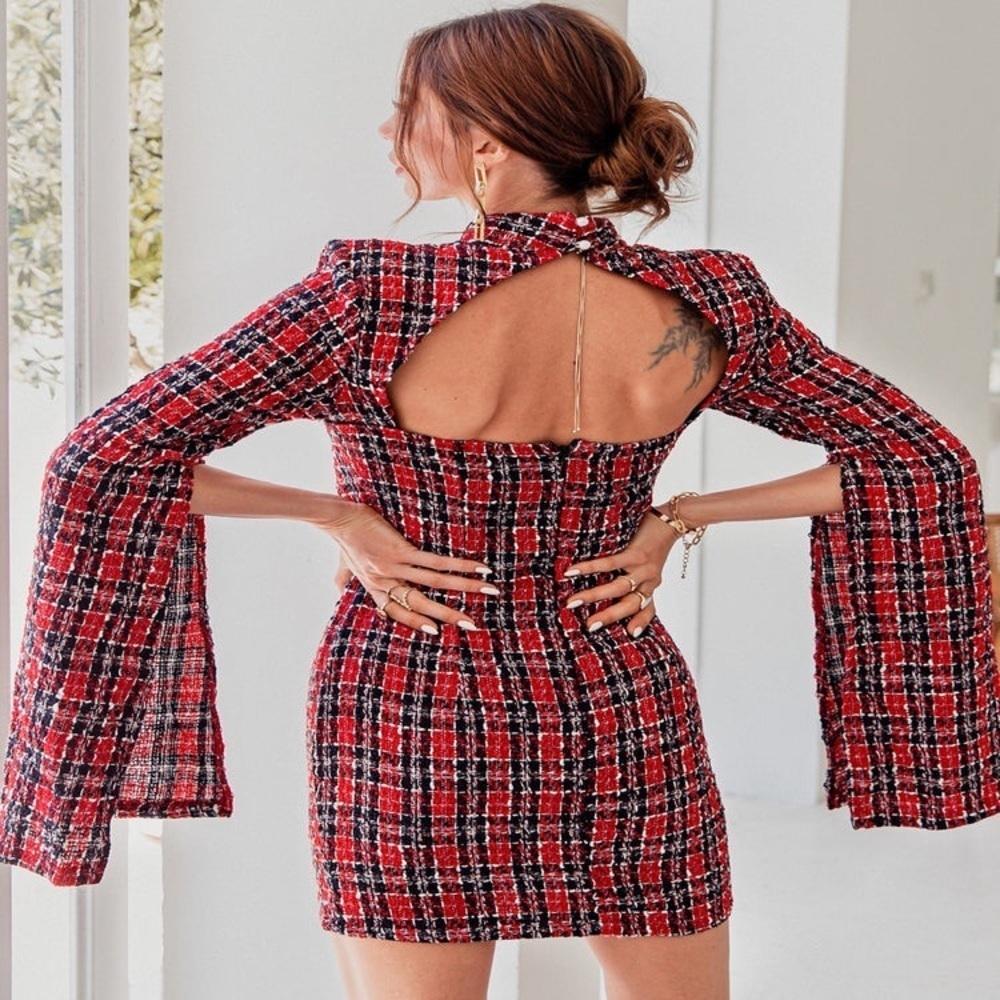 GLAMAKER‎ PLAID BACKLESS SPLIT SLEEVE TWEED BODYCON DRESS size SMALL - Picture 2 of 14